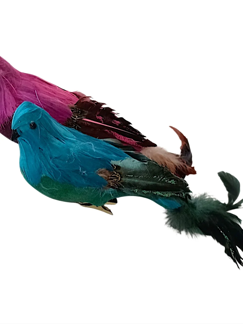 2‎ Vintage Feathered Peacock Bird Ornaments Clip On Large Pink Blue Christmas